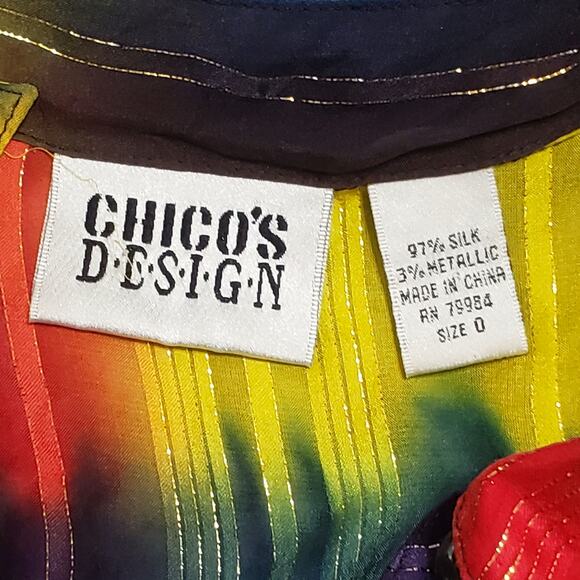 Chico's Design Silk Metallic Sheer Rainbow Stripe Button Up Blouse Sz 0=Sm Artsy - Picture 9 of 14